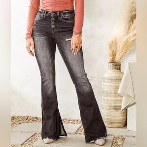 FLYING MONKEY Mid Rise Flare Jeans Button Fly Long Torn Boho Western Black Grey